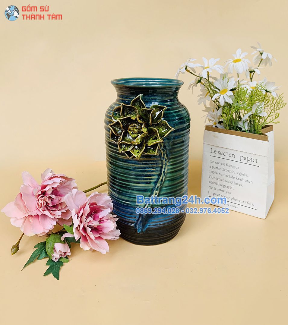 Bình cắm hoa đắp nổi trang trí nhà cửa đẹp mắt, sang trọng gốm Bát Tràng chính hãng